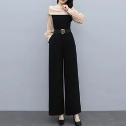 Korean Autumn Office Patchwork Wide Leg Pants Chic Long Jumpsuit Suits Ladies Loose Elegant Rompers Womens Casual Work With Belt