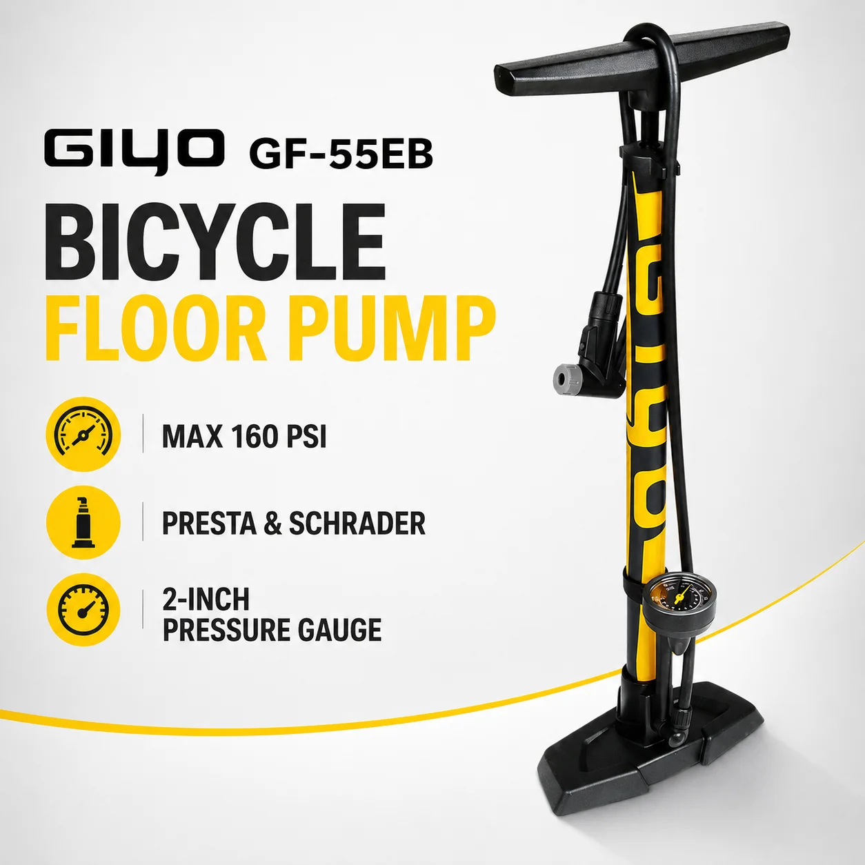 GIYO Bicycle Floor Pump 160 PSI with Pressure Gauge Smart Schrader Valve Head Metal Barrel T Handle for Road MTB Cycling