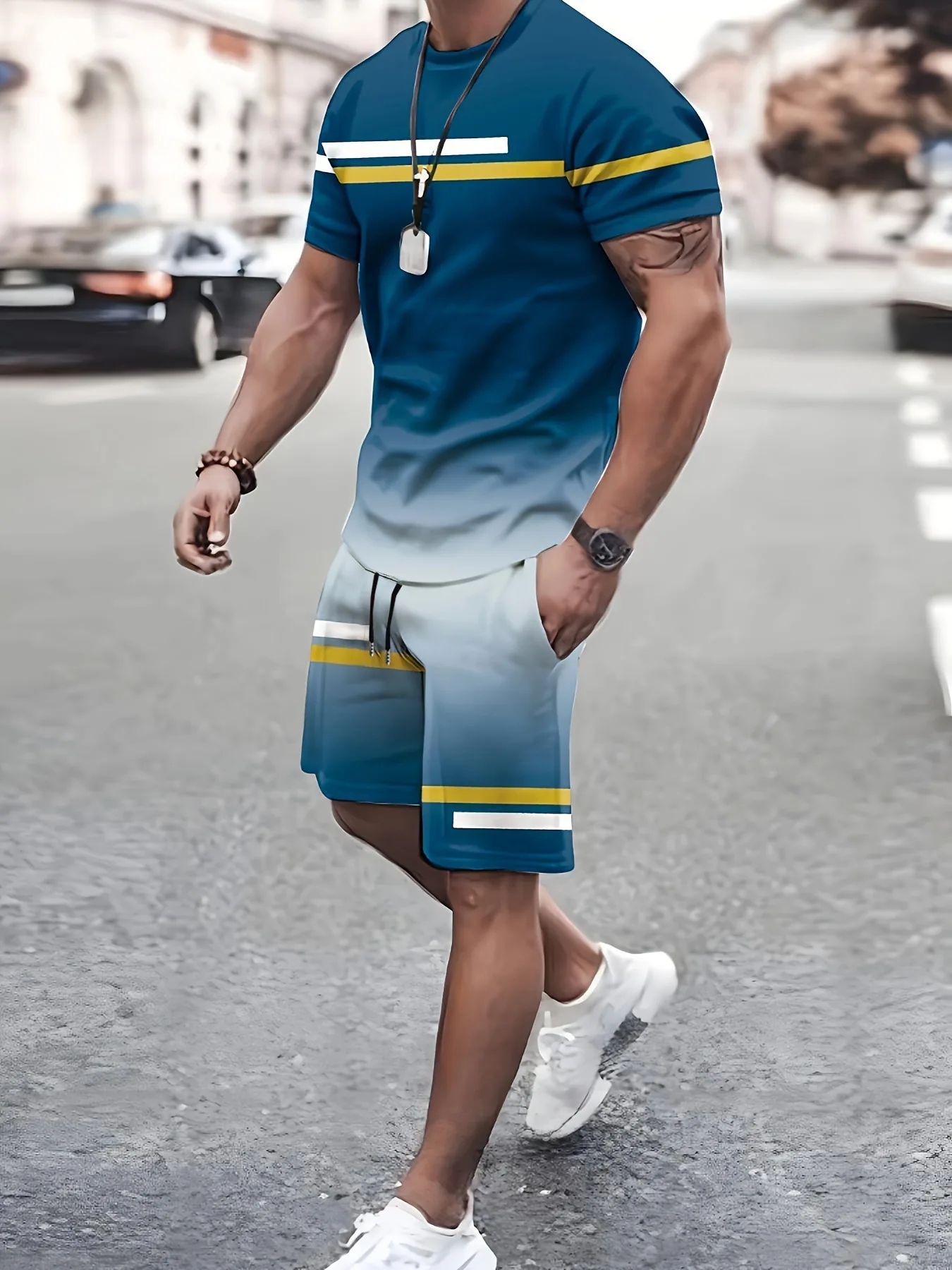 New Summer Men's Shorts  T Shirt Set 3D Color Block Print Sporty Fashion Short Sleeve 2 Piece Breathable fabric
