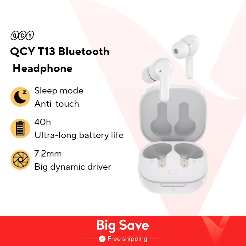 QCY T13 ANC Earphone Bluetooth 5.3 Active Noise Cancellation -28dB Wireless Headphone Fast Charge Earbuds 0.068' Low Latency