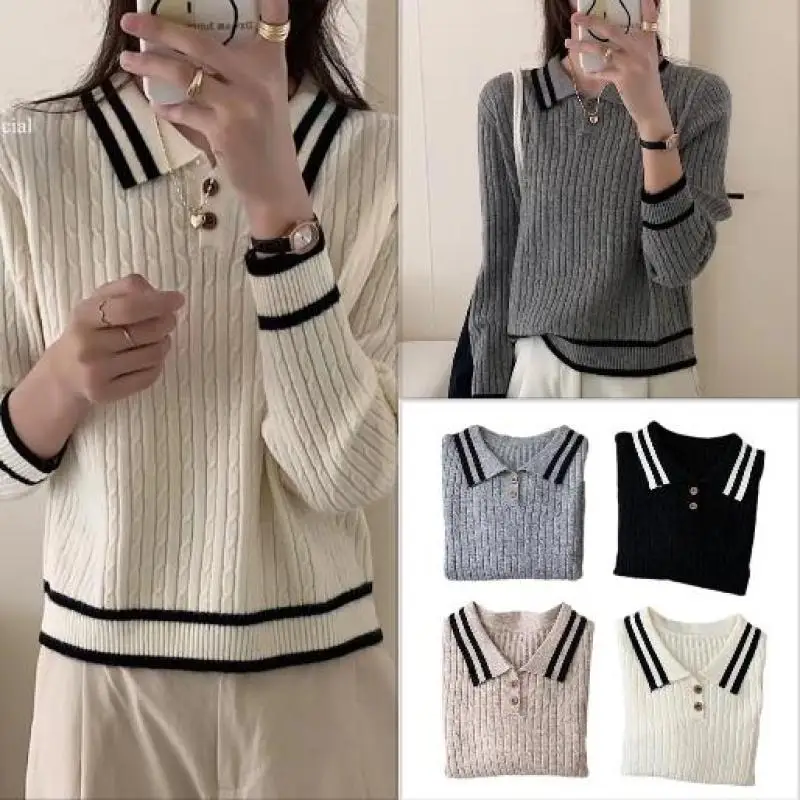 Polo Collar Knitted Sweater Women Slim Contrast Color Long Sleeve Bottoming Top