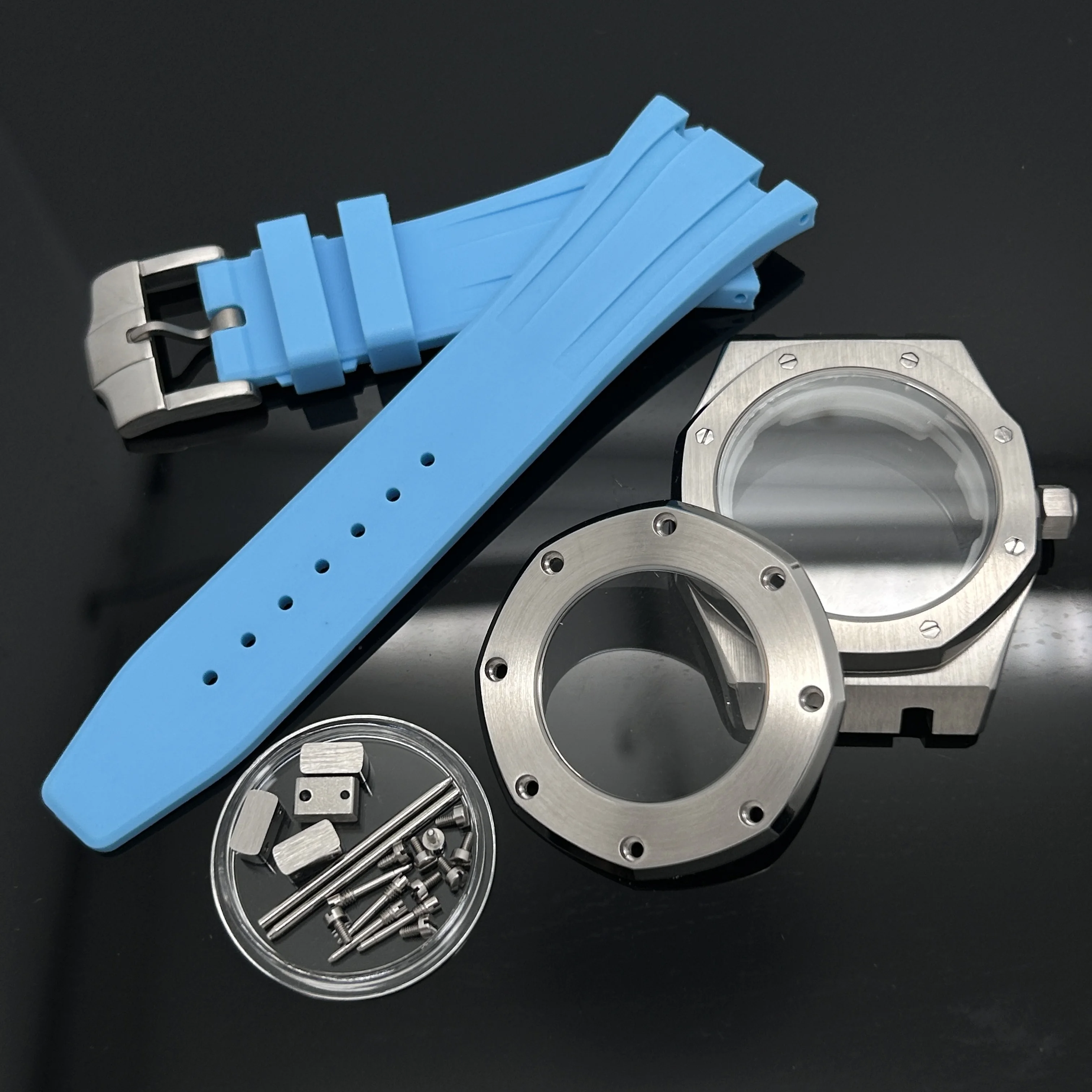 41MM Zilver Zwart Goud Kast Siliconen Band Gesp Fit Royal Oak NH35 NH36 NH70 Beweging Automatisch Horloge voor 31.8mm Wijzerplaat Wijzers