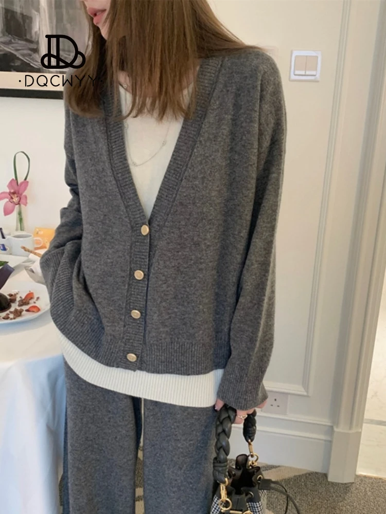 Knit Suit Two Piece Set 2024 New Fall Spring Elegant Solid Color Casual Loose Long Sleeve High Waist Wide Leg Pants Set Outfits