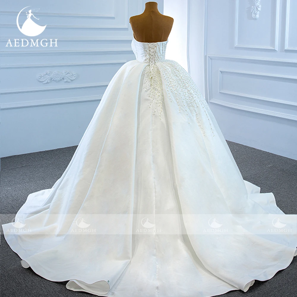 Aedmgh A-Line Matte Satin Wedding Dresses Boat Neck Strapless Robe De Mariee Lace Beaded Classic Custom Made Bridal Gown