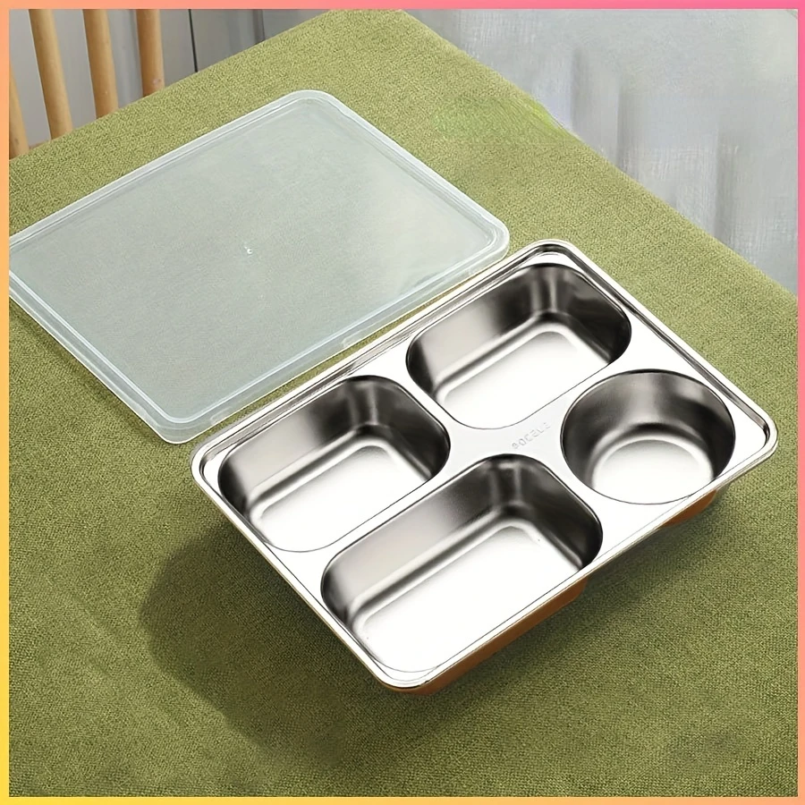 1pc 304 Stainless Steel Divided Dining Plate For Students, Workers, And Office Workers. It Has A Large Capacity And Deepens, And