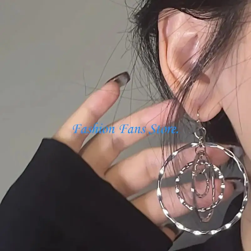 Bold Stacked Ring Drop Earrings with Hammered Texture, Silver Tone Multi Ring Alloy Pair for Party Outfit, Daily Styling and