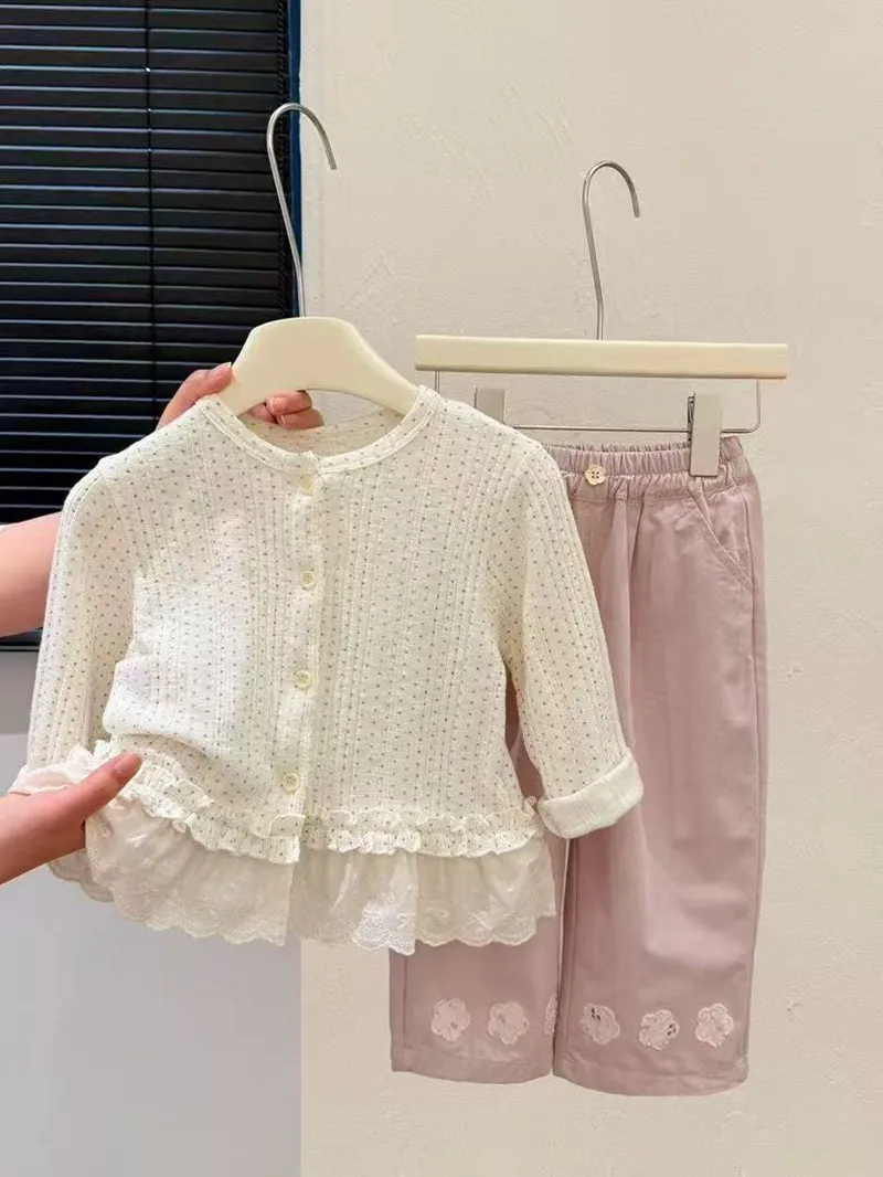 

New Spring toddler 2-7Y Girls Fashion Lace Trim Long Sleeve Cardigan Elegant Casual Outerwear Tops for 90-140cm