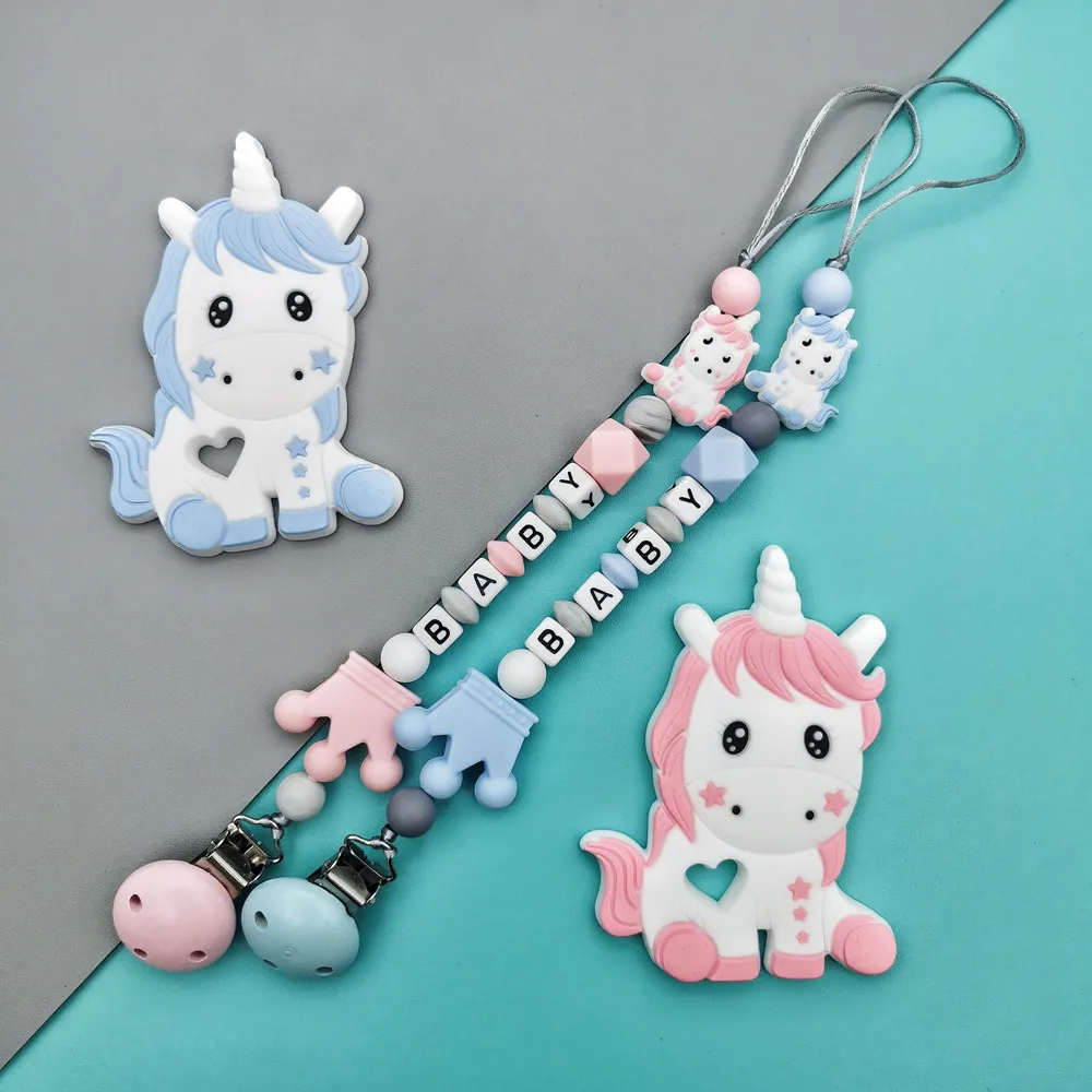 Customized English Russian Alphabet Name Unicorn Pacifier Clips Chains Teether for Baby Infant Chew Leash Nipple Kawaii Teether