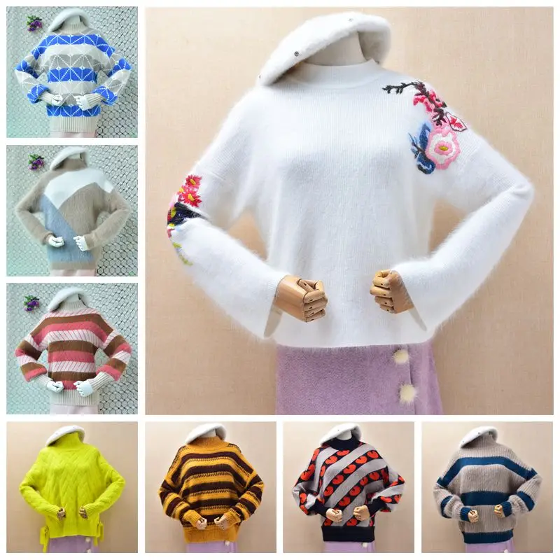Suéter de punto suelto de cuello simulado para mujer, de pelo de conejo angora suave y de colores, con rayas de piel de visón, estilo jersey.