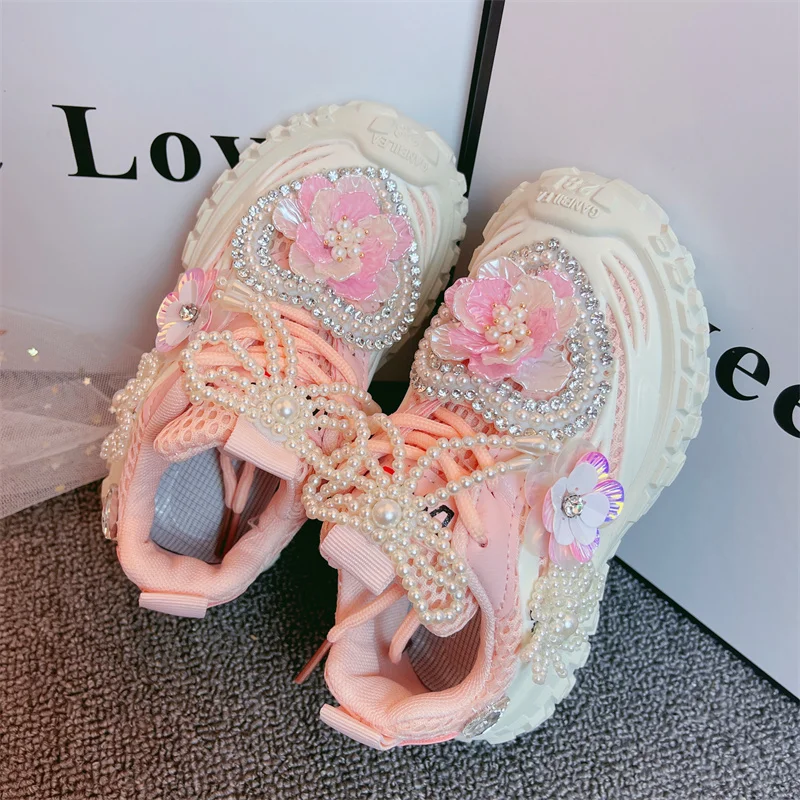 Girls Shoes 2023 Kids Fashion Running Sports Chunky Sneakers Toddler Brand Handmade Princess Shoes Children Pearls Flowers Flats