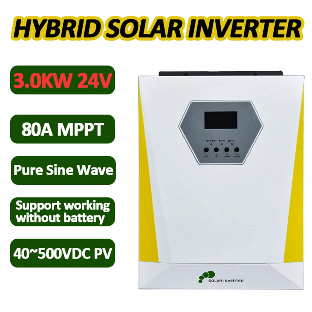 3000W 24V Pure Sine Wave Hybrid Solar Inverter 24V 230VAC Built-in Max 80A MPPT Solar Charge Controller PV Range 55~450VDC