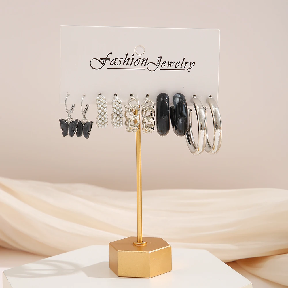 Silver Color Butterfly Pearl Earrings Set For Women Girls Vintage Circle Geometric Resin Twist Hoop Earrings Trendy Jewelry Gift