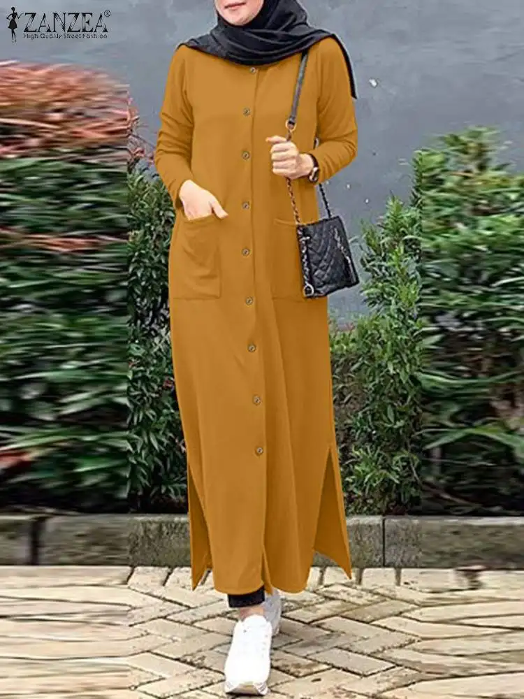 

2023 ZANZEA Women Long Sleeve Casual Solid Shirt Dress Fashion Muslim Ramadan Sundress Robe Femme Loose Buttons Abaya Vestido