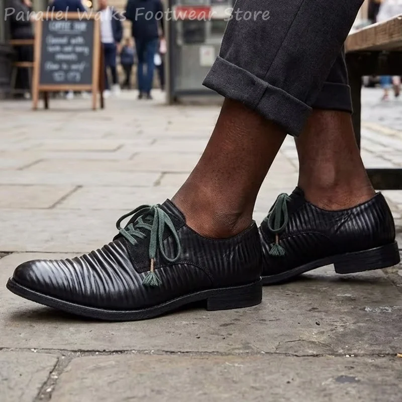 Mens Pleated Leather Derby Shoes Vintage Lace Up Oxfords Retro Smart Casual Low Top Flat Footwear Designer Walking Shoes Styles view 6