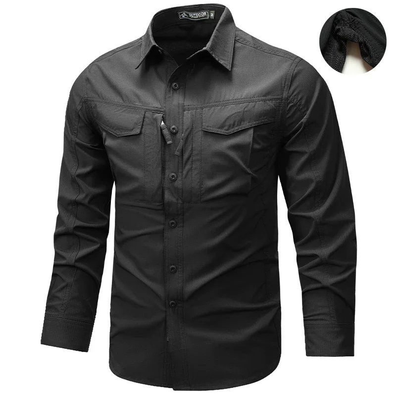 Mens Cargo Shirts Autumn Tactical Multi-pockets Armpit Breathable Techwear Outdoor Casual Workwear Tops Long Sleeve Shirt Men