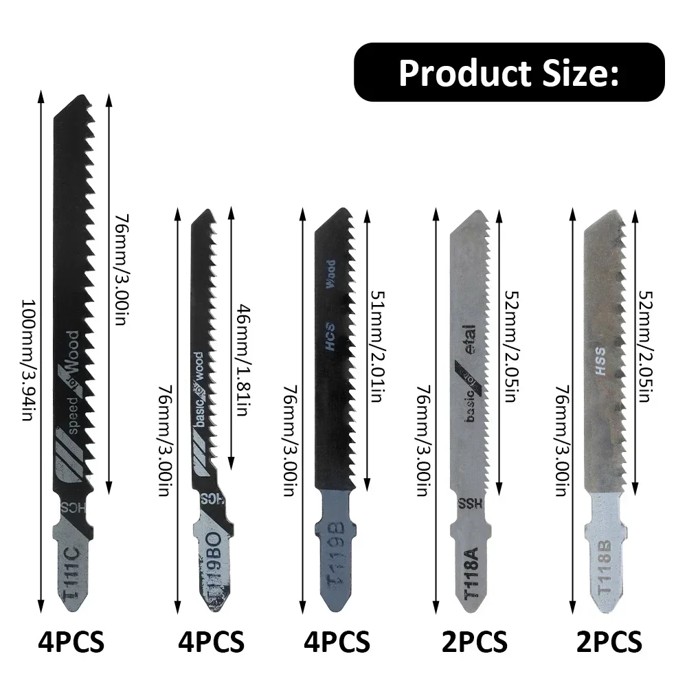 16Pcs T Shank Blades Jigsaw Blade Set Clean Fast Cut Down Cut Blades Wood Metal Cutting Power Tool HCS / HSS With Plastic Box