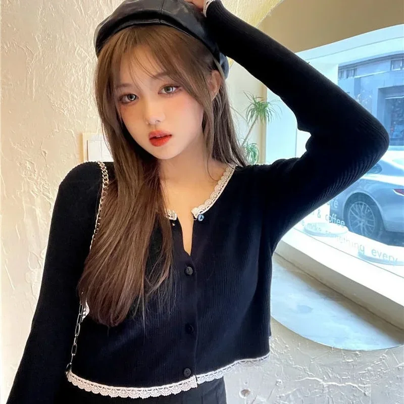 

Black Cardigan Women Chic Vintage Lace Patchwork Lovely Girls Y2k Clothes Slim Cropped Sweater College Korean Fashion Streetwear