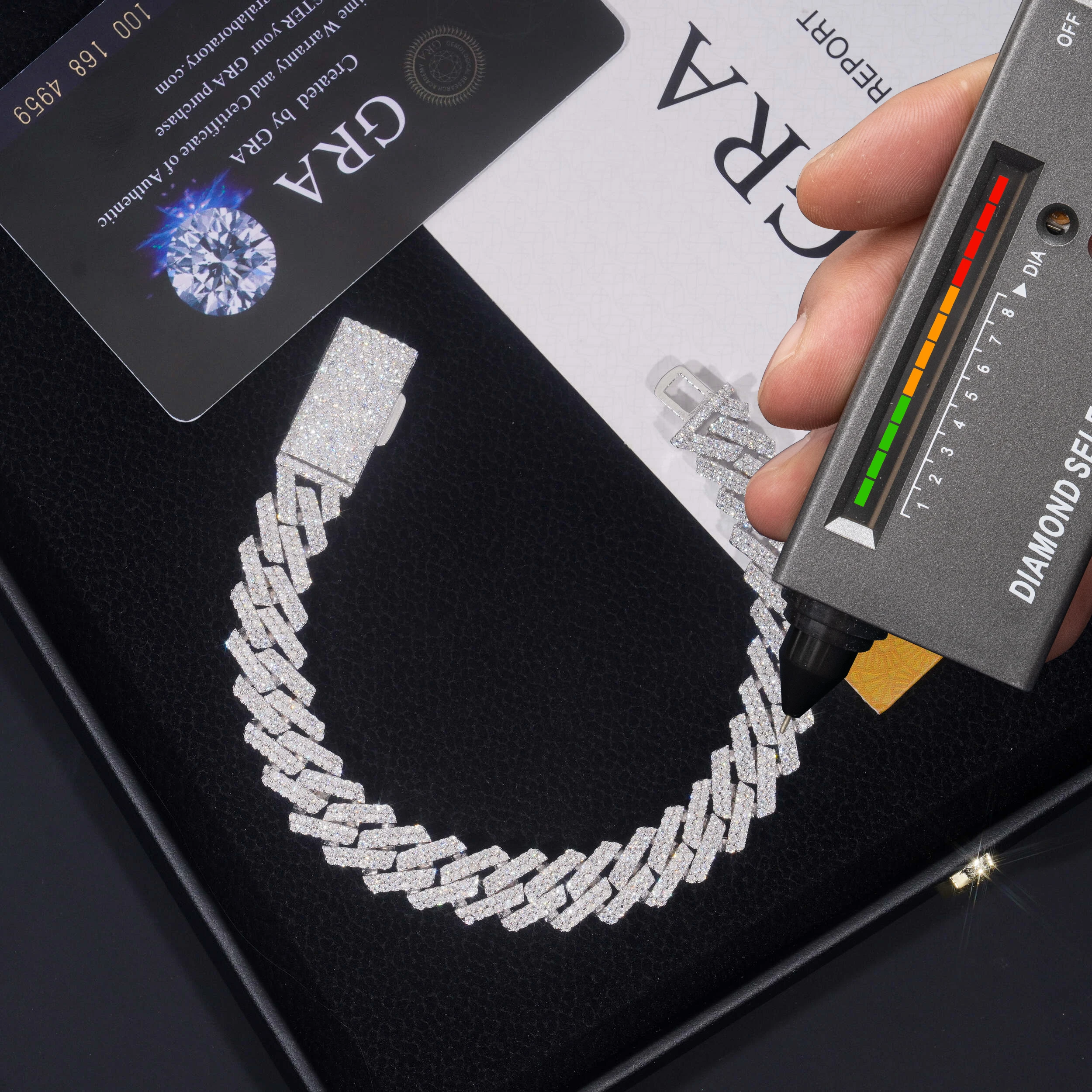 Trend Explosion Moissanite Jewelry 12mm Classic Double Row Cuban Necklace 925 Silver Gold Plated Moissanite Cuban Chain，