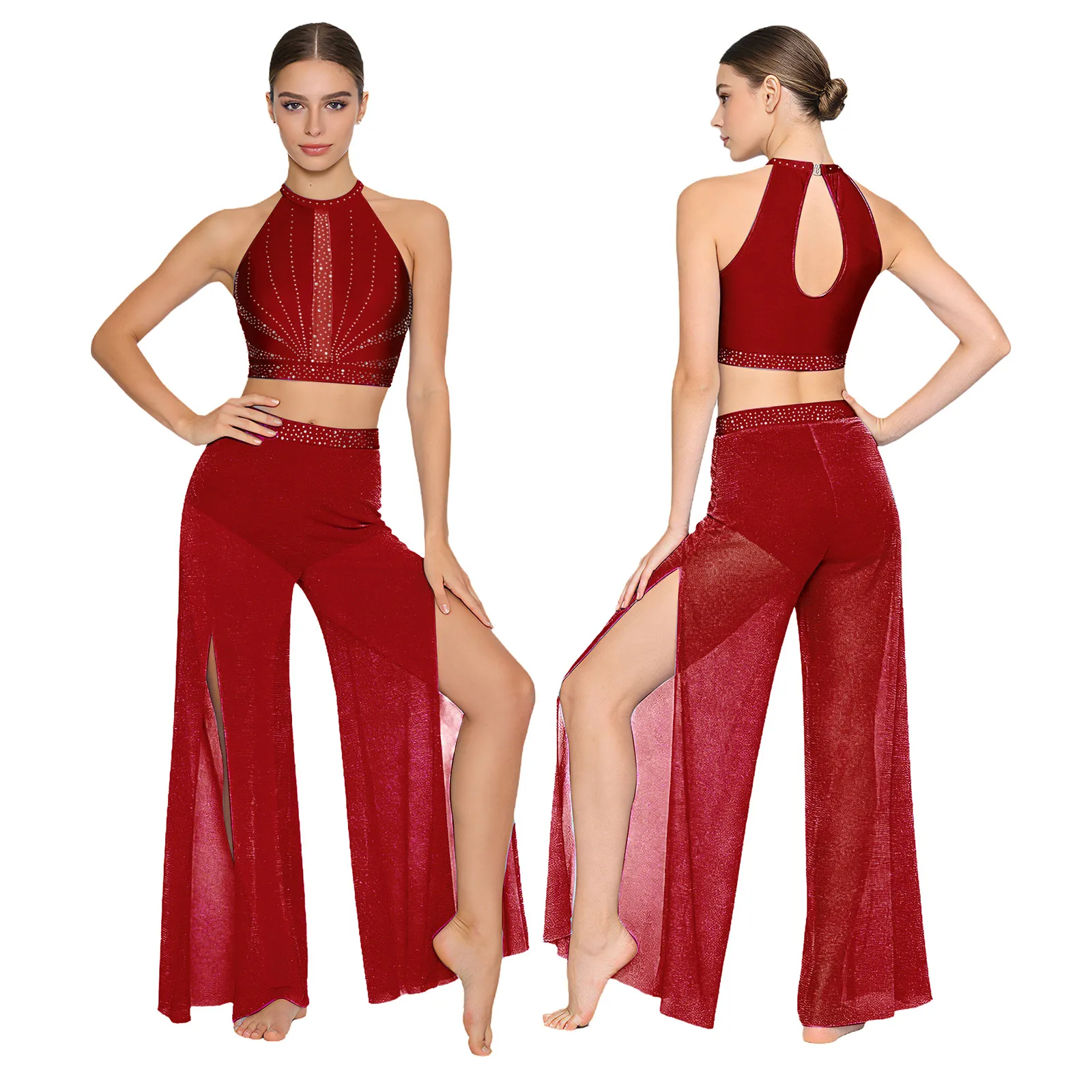 Vrouwen Moderne Lyrische Danskostuum Kunstschaatsen Gymnastiek Acrobatiek Dancewear Strass Crop Tank Top Shimmy Mesh Broek