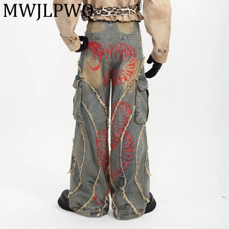 

MWJLPWQ Джинсы с узором и потертыми краями, деконструированные мужские уличные винтажные брюки-карго с большими карманами, новинка осени 2021, 12216