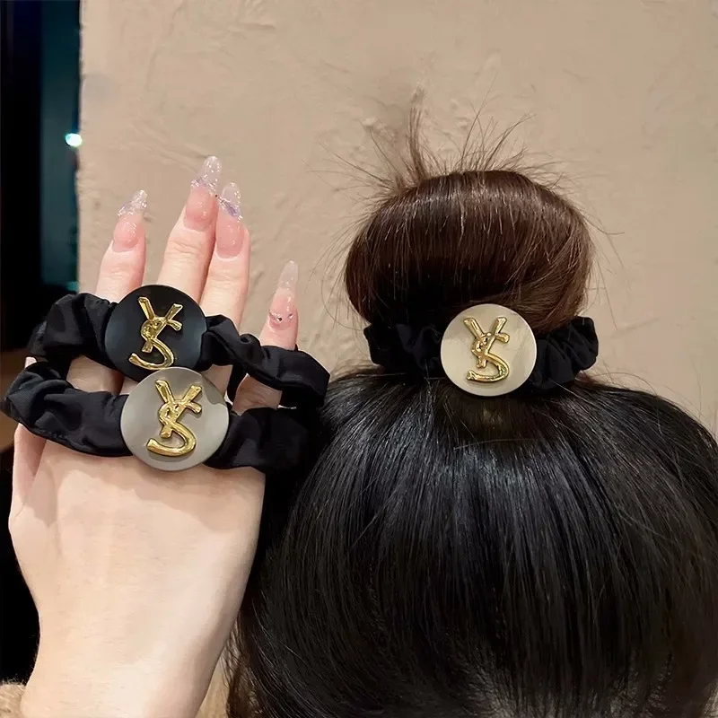 Fashion Vintage English Letters Hairband High Elastic Solid Color Pleated Scrunchies for Women Girls Ponytail Bun Hair Ring Gift