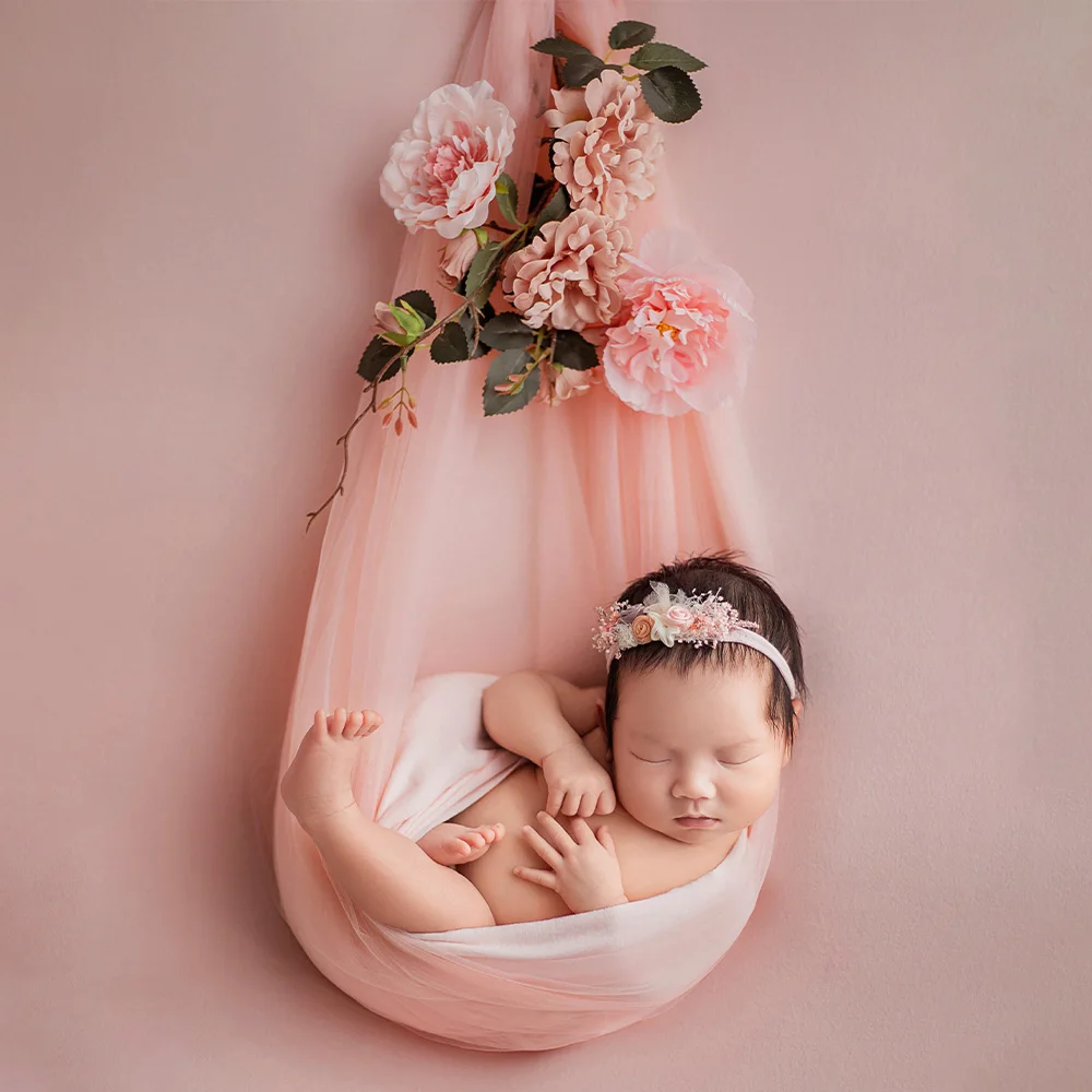 Newborn Wraps for Photography Pink Soft Cotton Stretchable Elastic Wrap Headflower Gauze Background Infant Photo Prop Accessorie