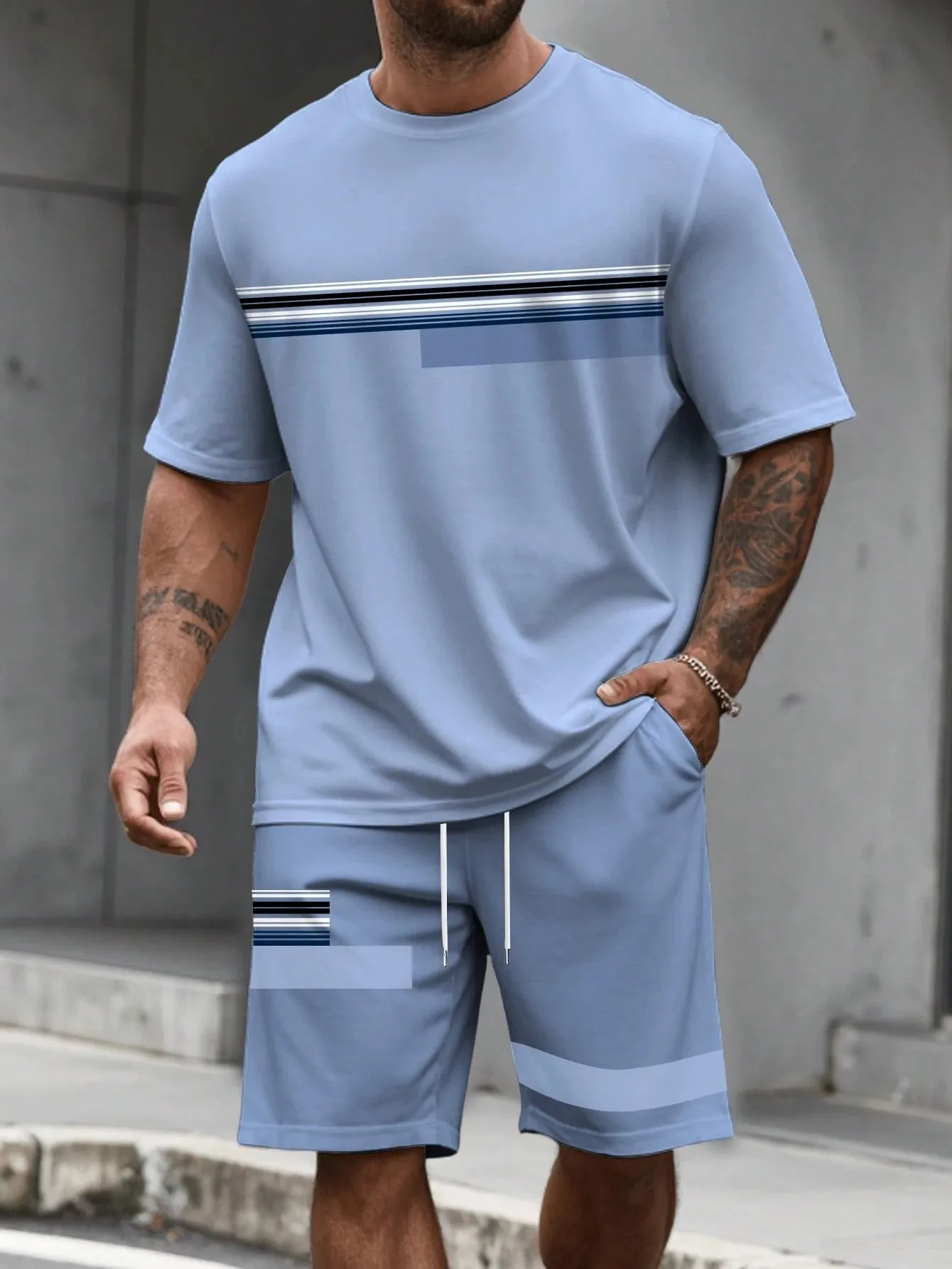 

2026 Summer New Men's Short-Sleeved Shorts Set with 3D Stripes Pattern Print - Street Casual Fashion Comfortable and Soft