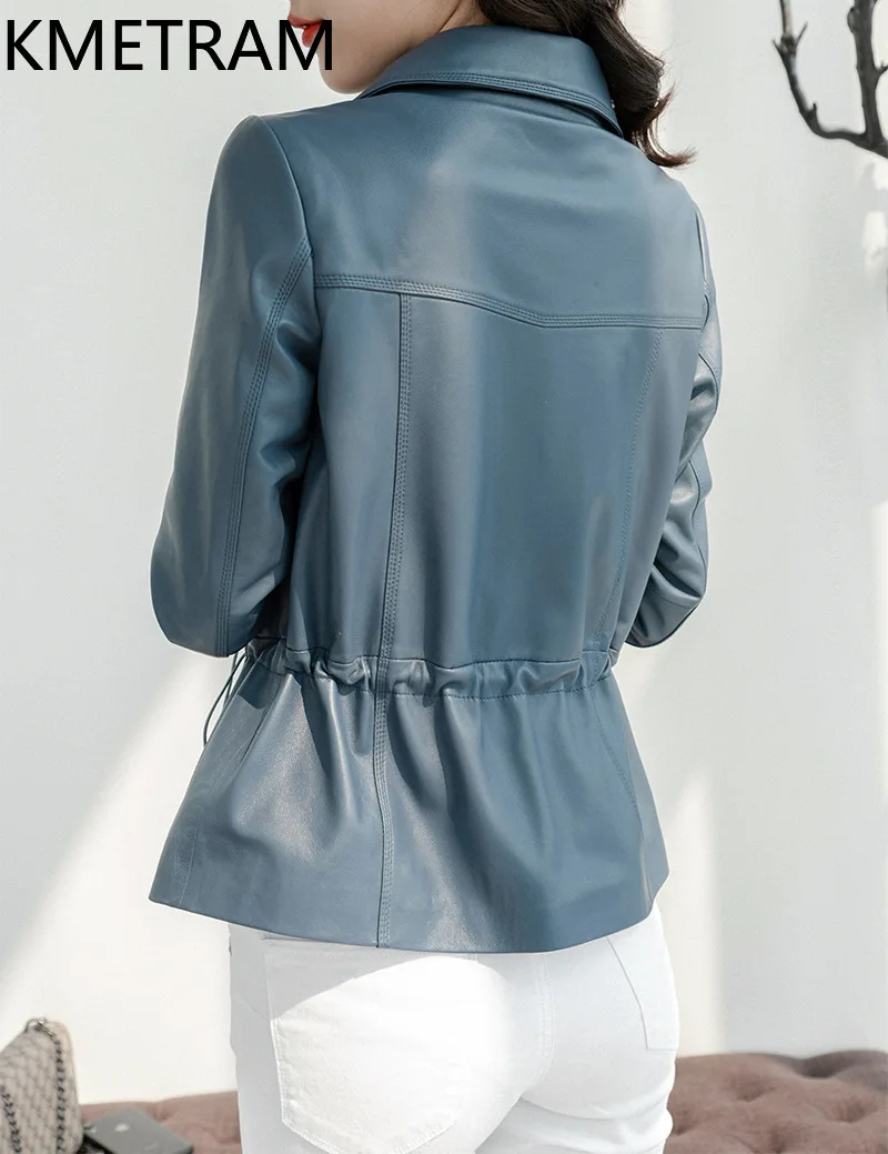 KMETRAM Real Sheepskin Leather Jacket Woman Waist Drawstring Blazer Coat Fashion Short Jackets 2026 Autumn Women Clothing casaco