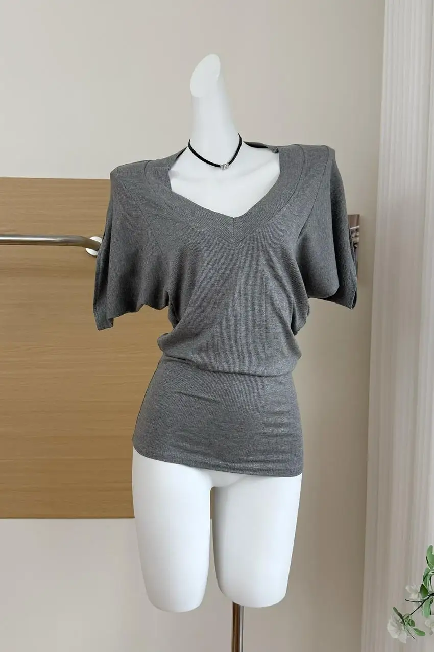 Women's Summer Batwing Sleeve V Neck Elastic Solid Color T Shirt Lady Casual Streetwear Pullover Short Sleeve Slim Tee Top image 6