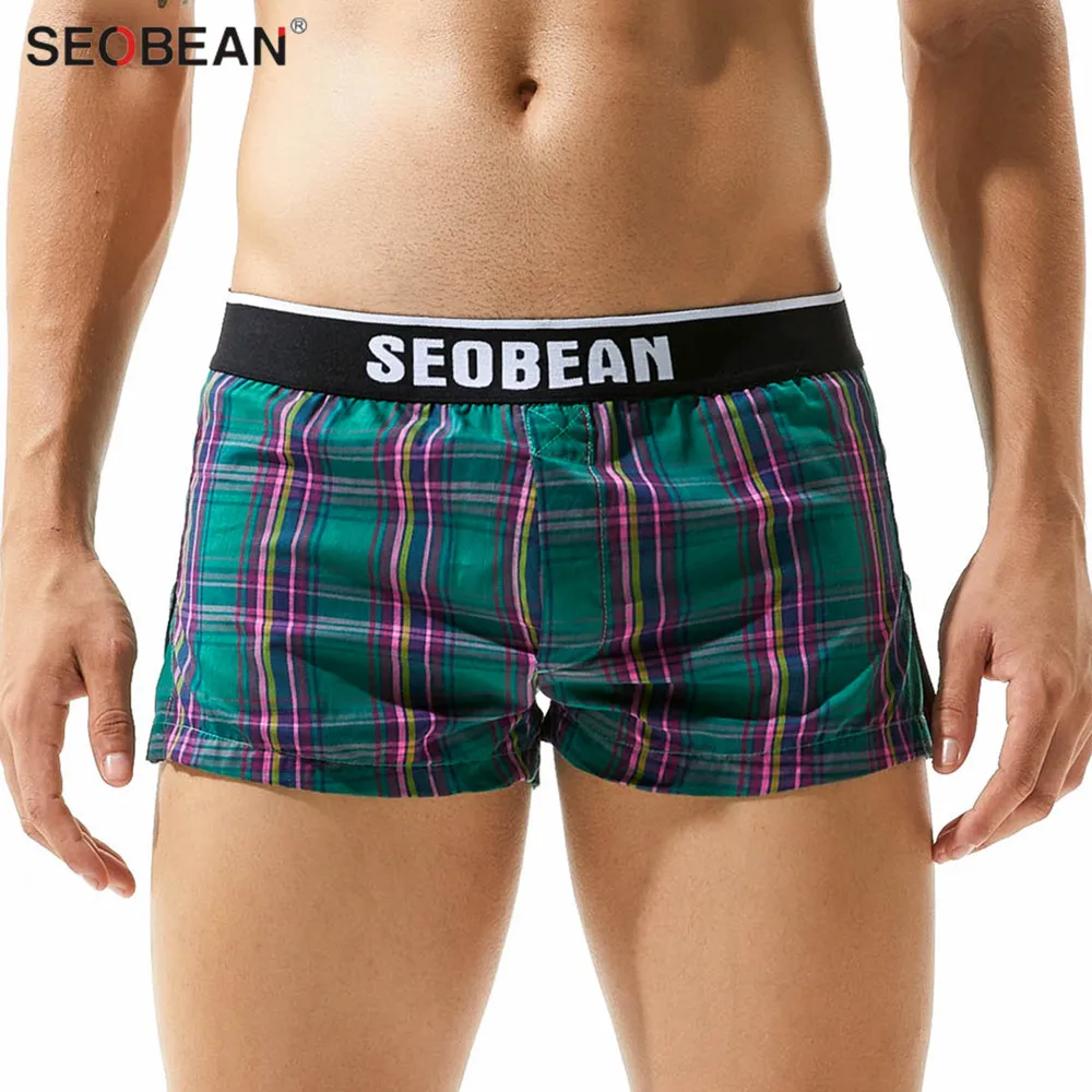 Seobean Underwear Men\'s Boxers Shorts 100% Cotton Plaid Panties Men Boxer Home Shorts Loose Lounge Sleep Shorts Man Underpants