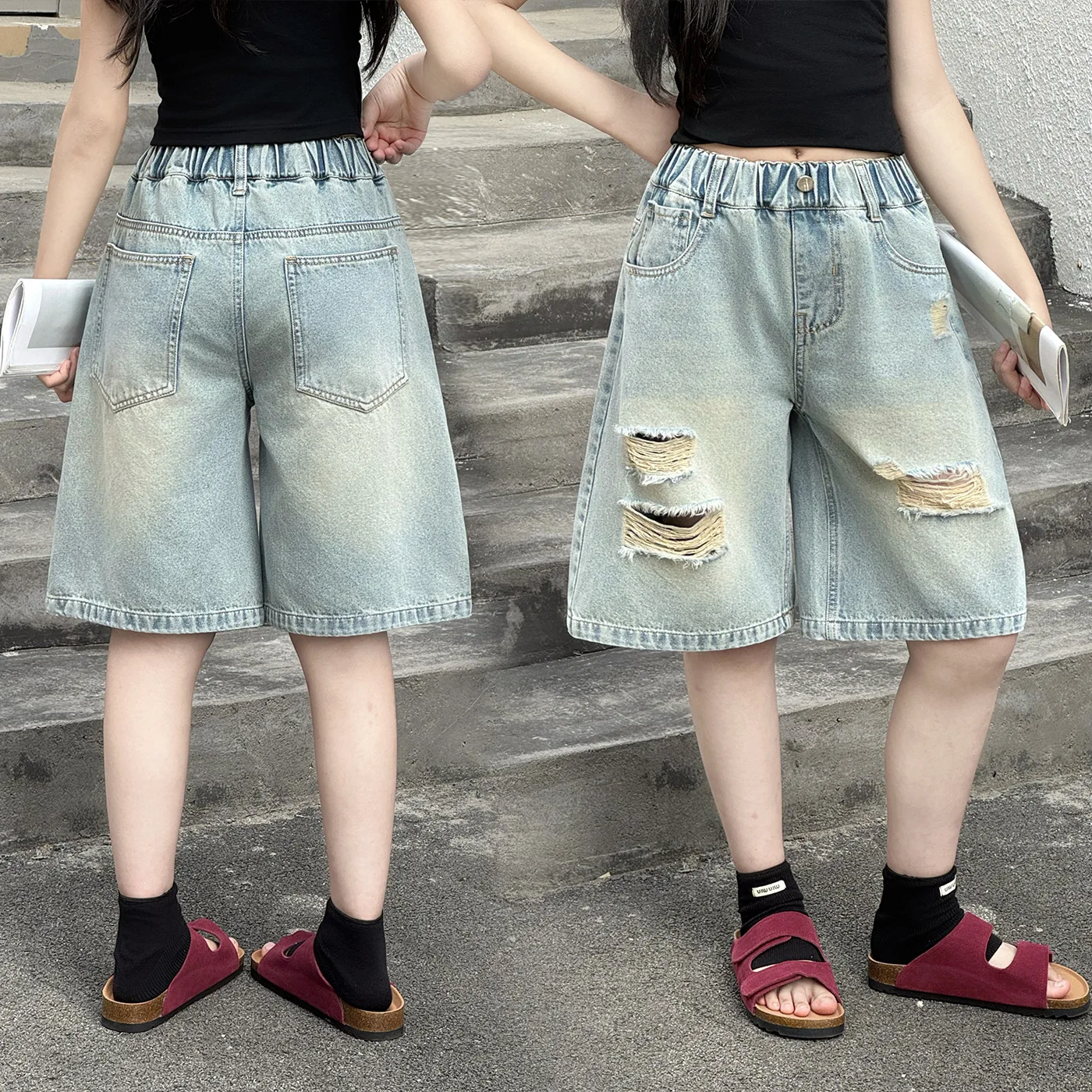 New Children Knee-Length Denim Shorts with Hole for Teenage Girls Fashion Loose Fit Ripped Jeans Capris Kids Summer Shorts