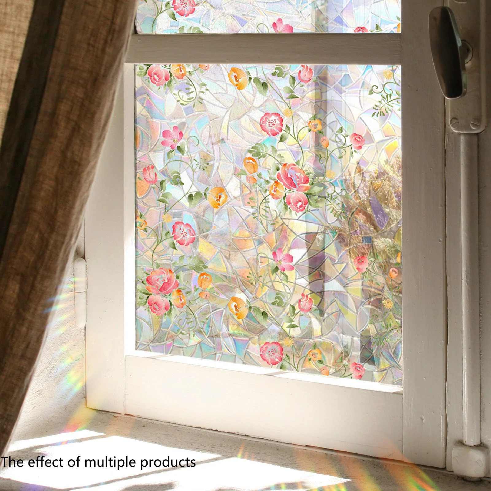 Colorful Pink Flower Glass Electrostatic Sticker, Sunlight Colorful Home Decoration Wall Sticker