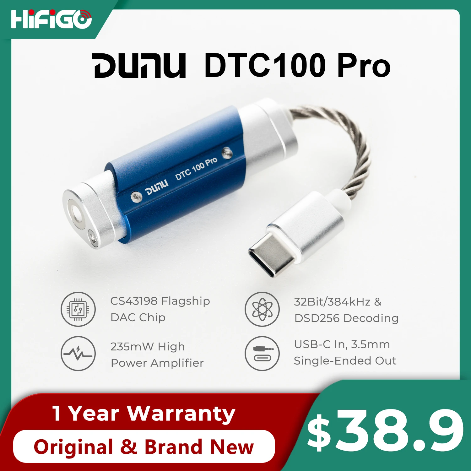 DUNU DTC 100 Pro DAC AMP USB Portátil con Chip CS43198, Decodificador de Audio HiFi de 3.5mm, Amplificador de Auriculares 32Bit/384kHz DSD256