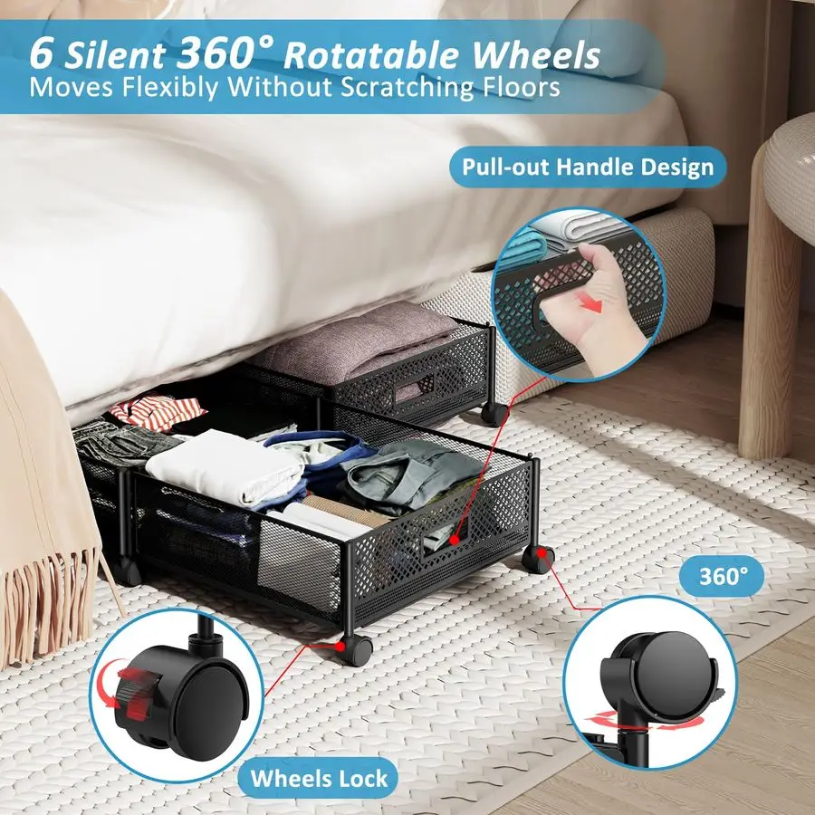 Bed Storage with Wheels 47.2L 57.6L Large Rolling Under Bed Storage, Metal Underbed Containers on Wheels, ToolFree Assembly Fold
