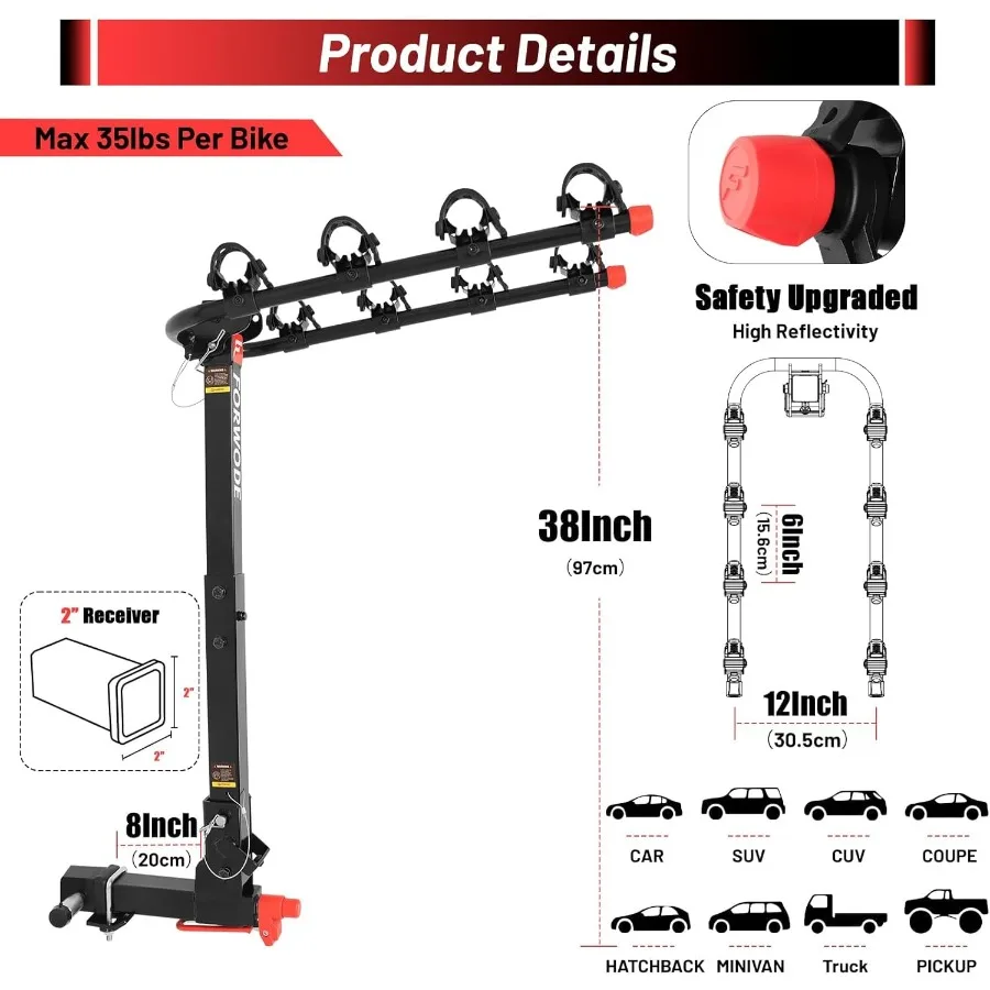 4 Bike Hitch Mount Rack Tiltable Foldable Bicycle Carrier Wobble Free Locking Hitch Quick Release 2Inch Receiver Black for Secu