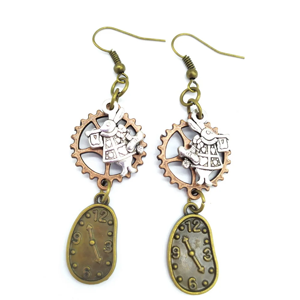 

Cute Trumpet Rabbit Shaped Clock Antique Steampunk Gear Earrings