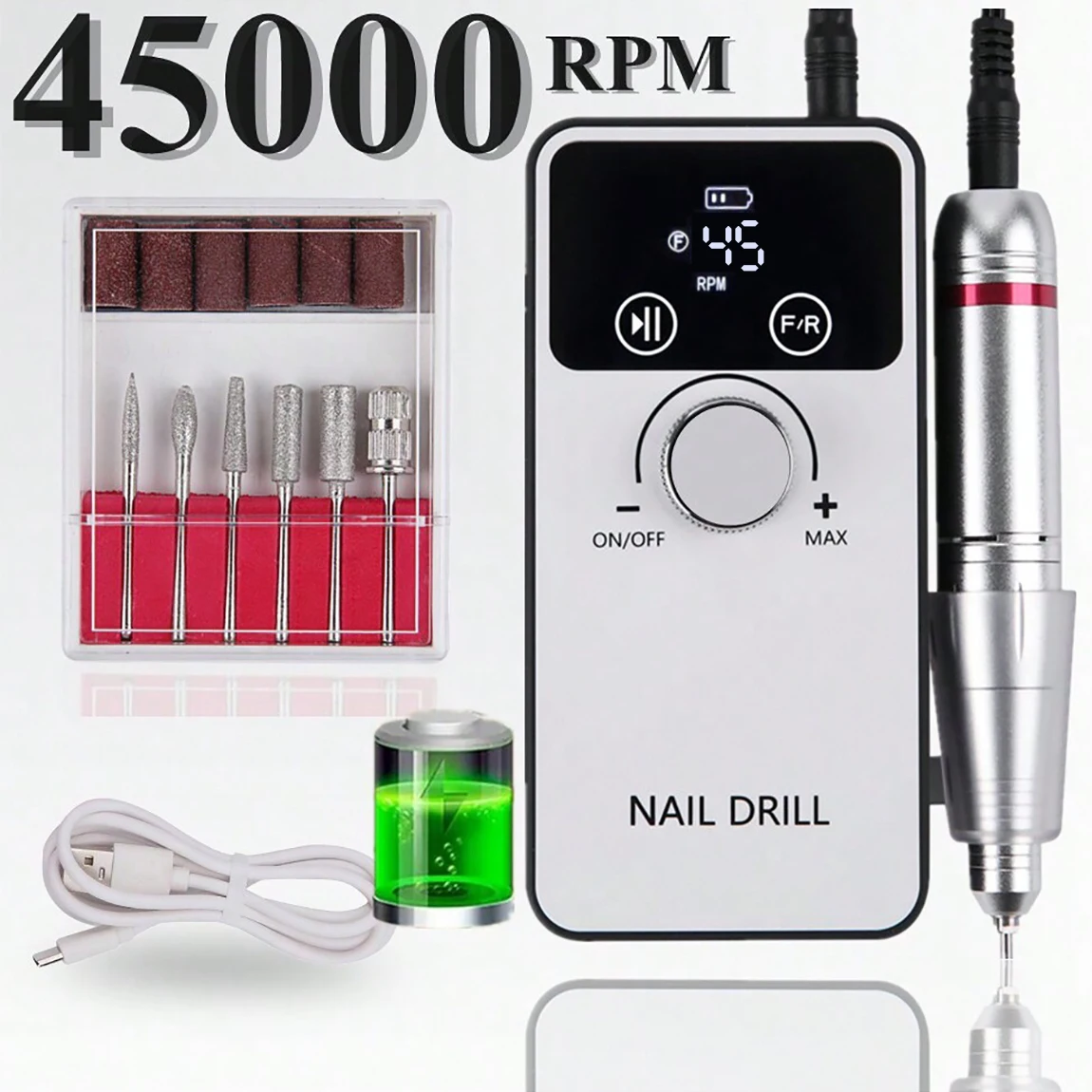 45000RPM Nail Drill Machine Set Rechargeable Portable Electric Nail File Grinding Head Kit Manicure Pedicure Tool