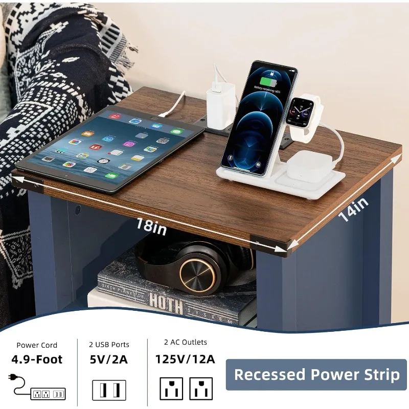 Conjunto de mesa de cabeceira de 2, mesa de cabeceira de fazenda de 18 polegadas com estação de carregamento e porta USB, mesa final de sofá rústico com magnético