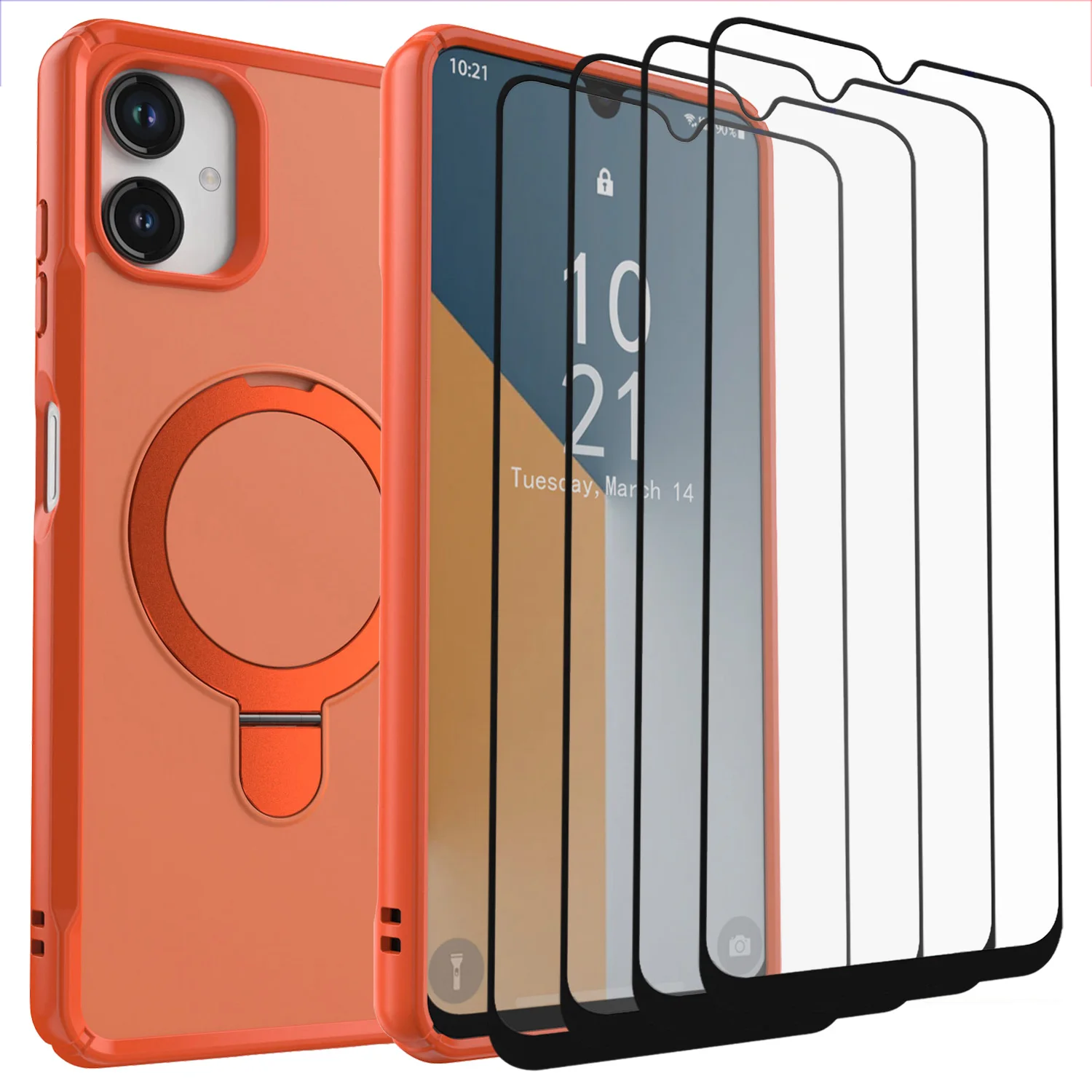 

Orange For Samsung Galaxy A06 Case Magnetic Shockiproof Hybrid Ring Kickstand Cover With 4pcs Tempered Glass Screen Protectors