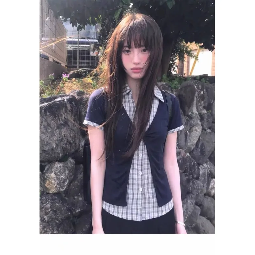 

Korean College Style Color Block Plaid Short Sleeve Slim Fit Shirt Women's Fashion Spring Autumn Winter Streetwear Office Travel