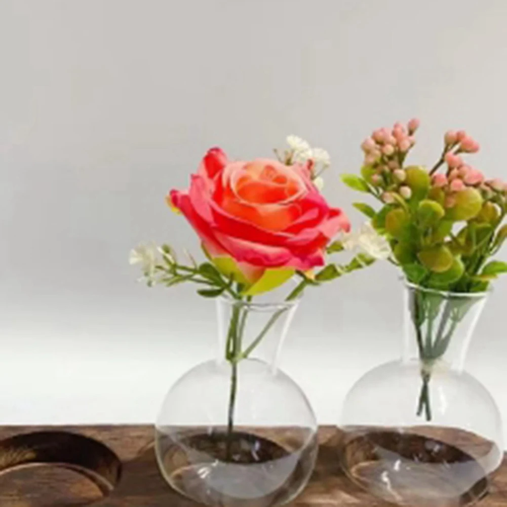 75STO-Hydroponic Plant Vases Vintage Propagation Station Glass Transparent Flower Pot With Wooden Stand Home Decoration