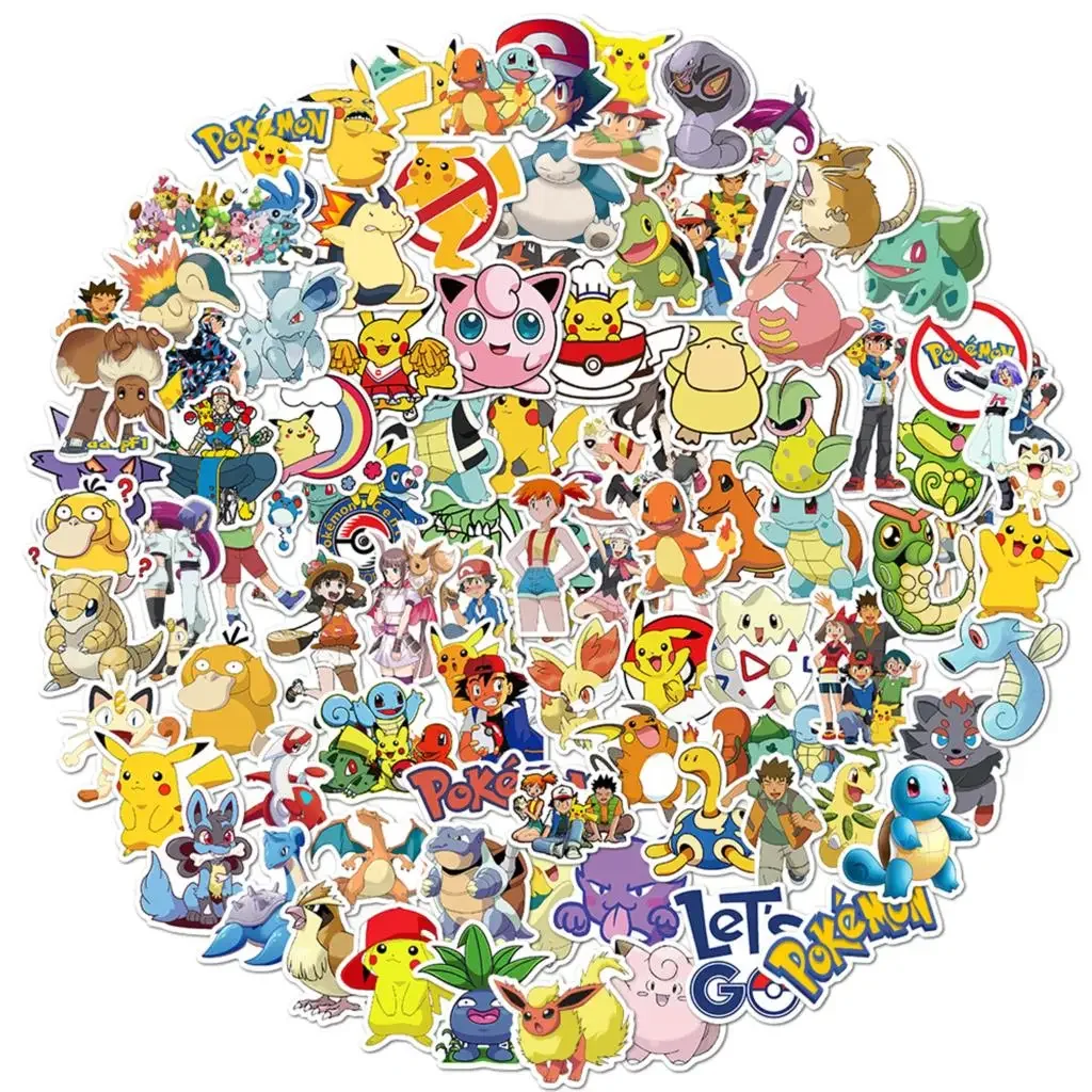 50/100PCS Kawaii Pikachu Anime Pokemon Stickers for Laptop Suitcase Skateboard Guitar Phone Waterproof Sticker Kids Toys