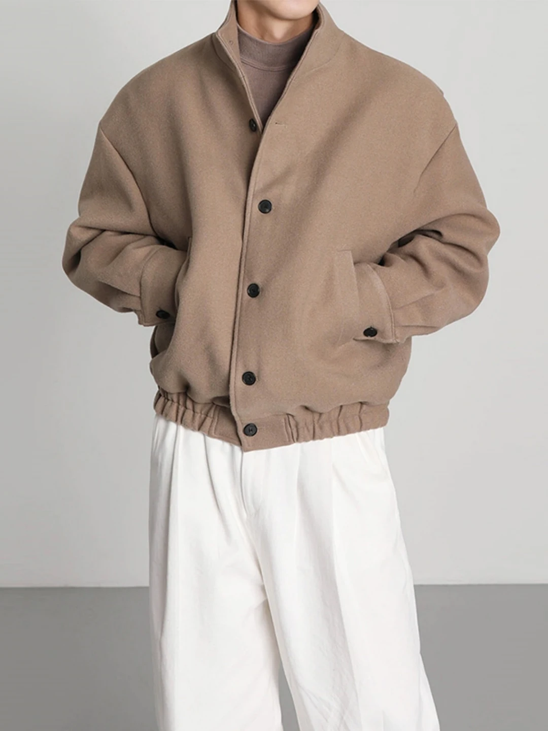 Trendy Men's Woolen Jacket Autumn Winter Stand Collar Long Sleeve Fashionable Cotton Clothes Outerwear Korean Style