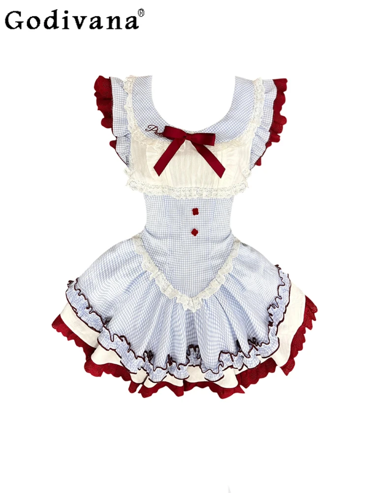 

Large Size French Sexy Peter Pan Collar Sweet Bow Short Dresses Women Summer Plaid Fashion Versatile High Waist Princess Dress