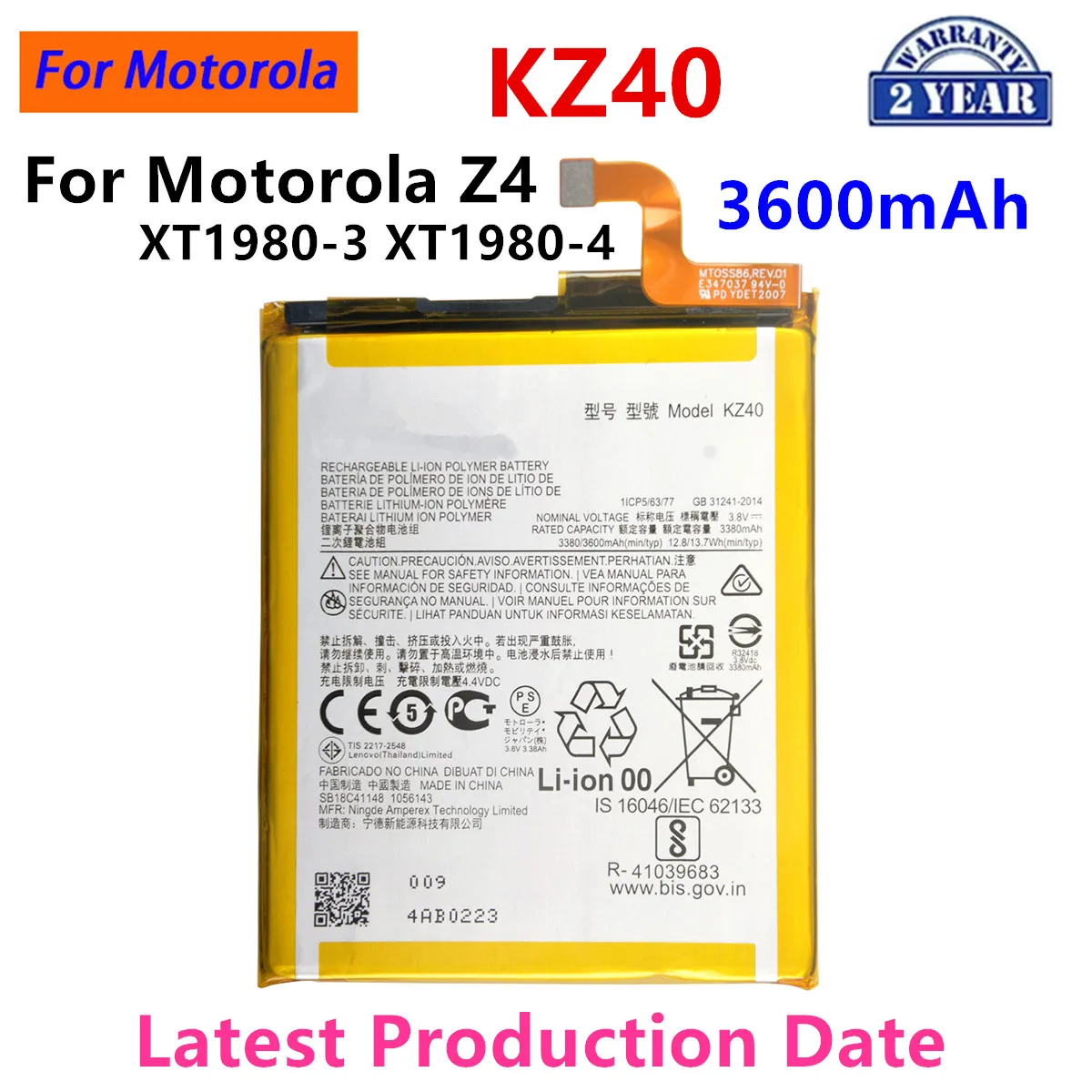 100% Original KZ40 3600mAh Battery For  Motorola Moto Z4 XT1980-3 XT1980-4  Phone Batteries.