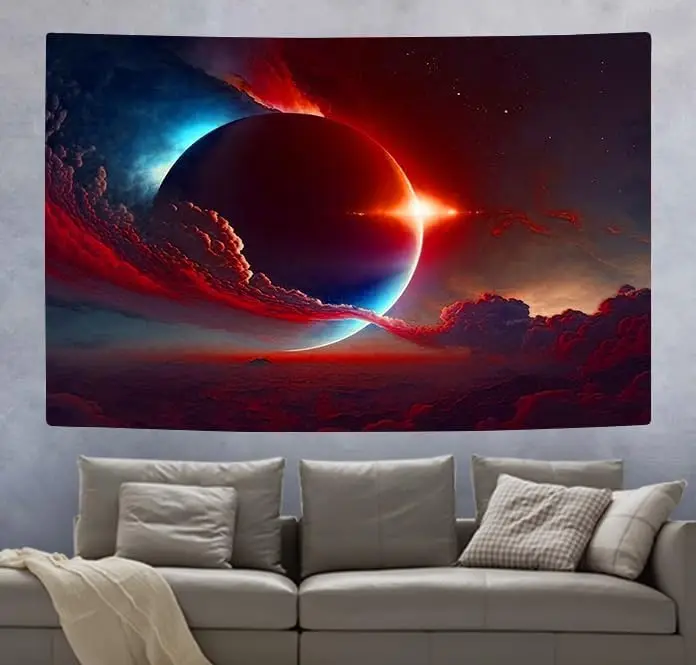 Dark Sci-Fi Solar Eclipse Tapestry, Cosmic Planet Red Blue Sky Landscape Wall Hanging, Aesthetic Space Tapestry for Bedroom