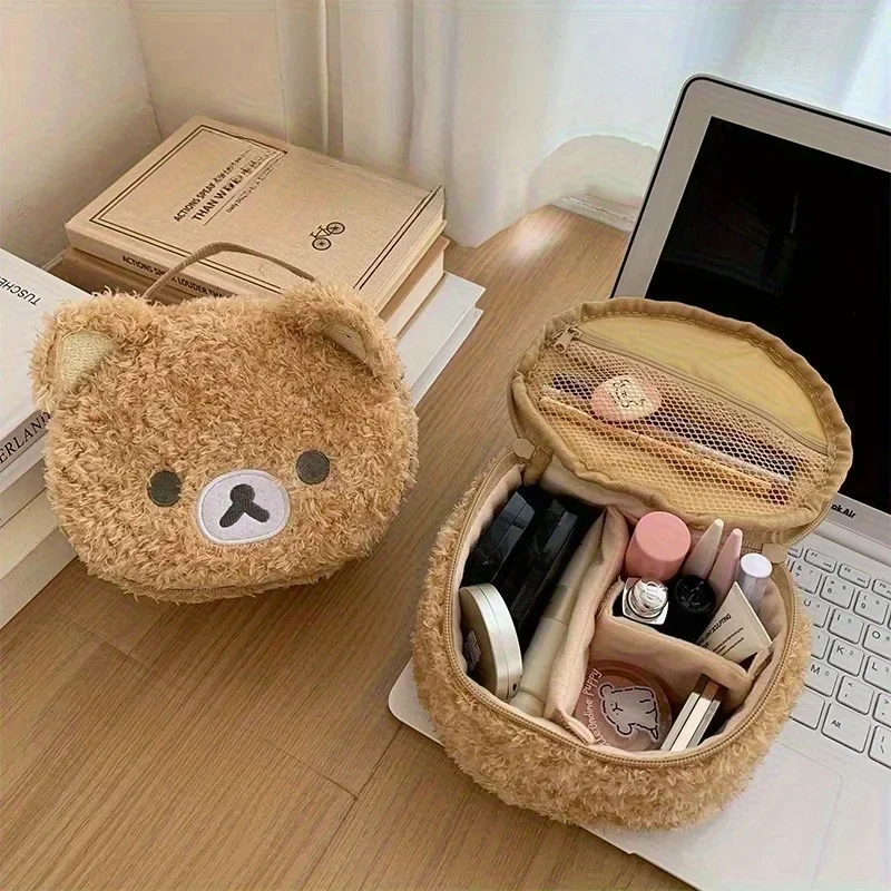 Cute Plush Bear Makeup Bag for Women, Portable Travel Cosmetic Pouch with 3D Design & Embroidery,Adorable Bear Face Toiletry Bag