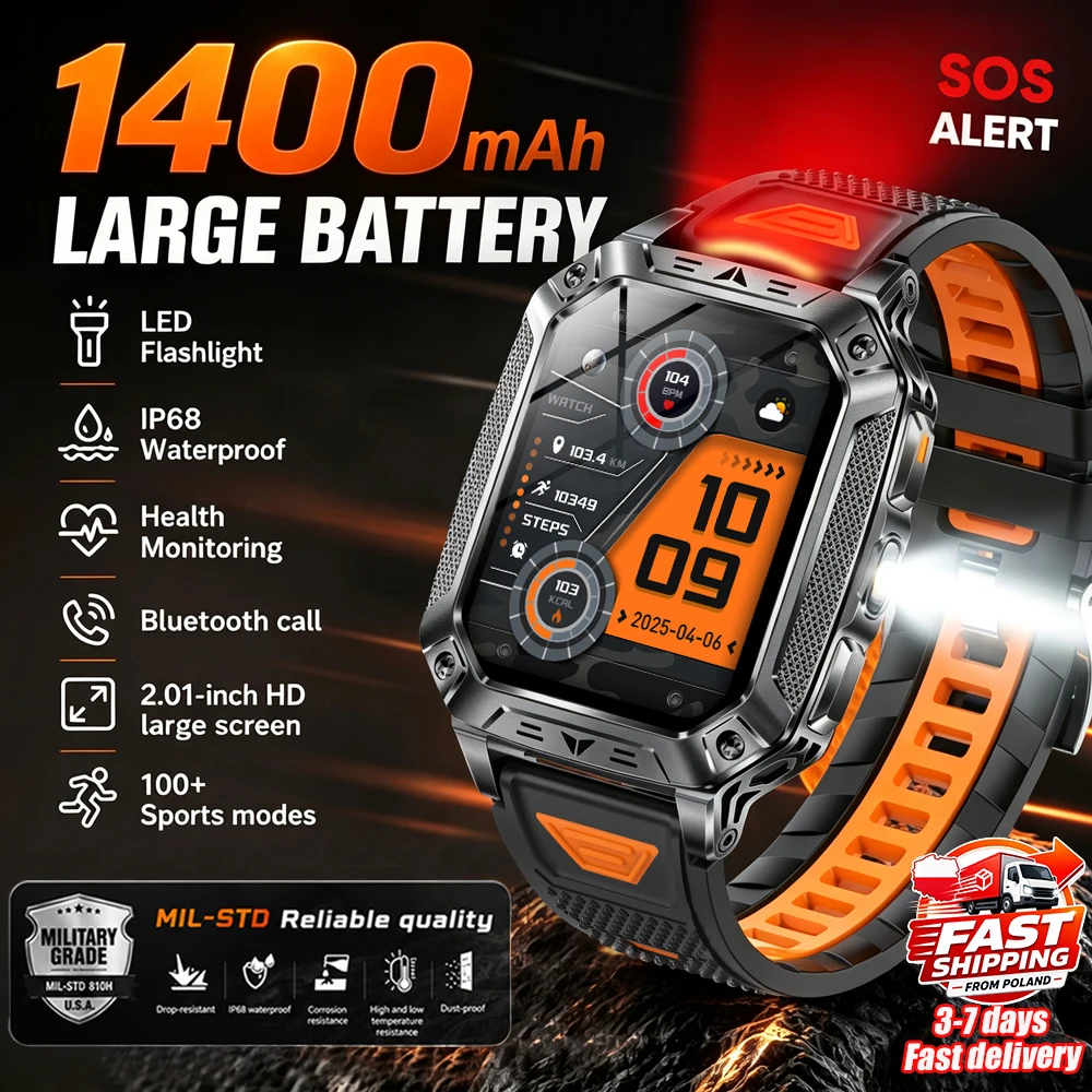 Nouvelle montre connectée de qualité militaire avec batterie de 1400 mAh, étanche IP68, plus de 100 modes sportifs, lampe de poche LED, affichage de l'heure, appels Bluetooth, idéale pour les activités sportives en extérieur.