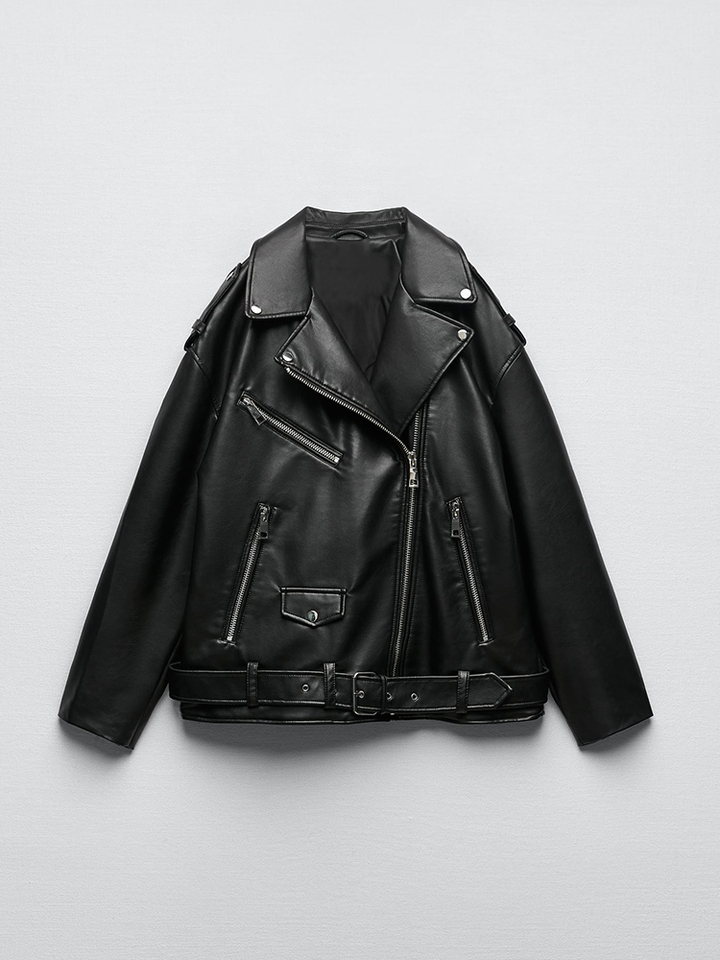  Ailegogo Women Loose Motorcycle Biker Black Pu Faux Leather Jacket with Belt Spring Autumn Female Zipper Coat Outwear