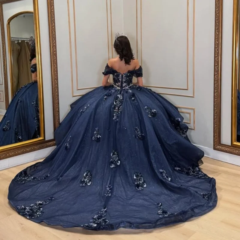 Robes de Quinceanera bleu foncé brillant personnalisées, épaules dénudées, paillettes de cristal, appliques de fleurs, longue queue, 15